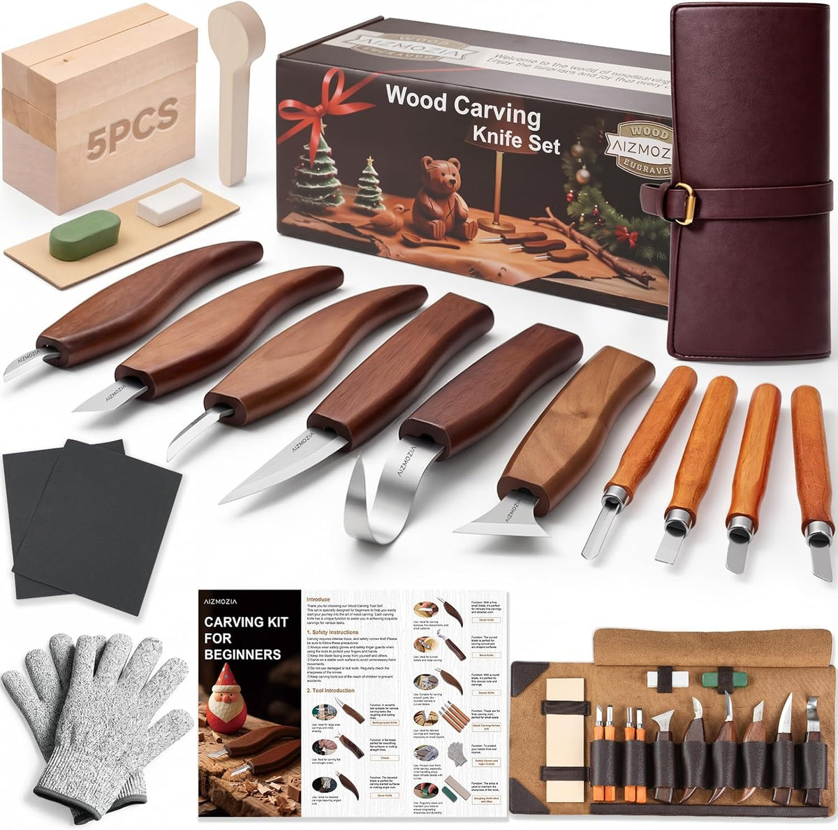 Wood Carving Kit, 17Pcs Wood Carving Tools, Professional Whittling Knife Set, Wooden Hand Knives with Sheath & Deluxe Leather Roll Bag for Beginners Adults & Starter Woodworking
