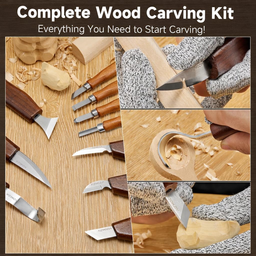 Wood Carving Kit, 17Pcs Wood Carving Tools, Professional Whittling Knife Set, Wooden Hand Knives with Sheath & Deluxe Leather Roll Bag for Beginners Adults & Starter Woodworking
