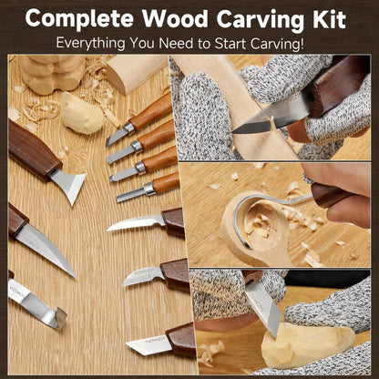 Wood Carving Kit, 17Pcs Wood Carving Tools, Professional Whittling Knife Set, Wooden Hand Knives with Sheath & Deluxe Leather Roll Bag for Beginners Adults & Starter Woodworking