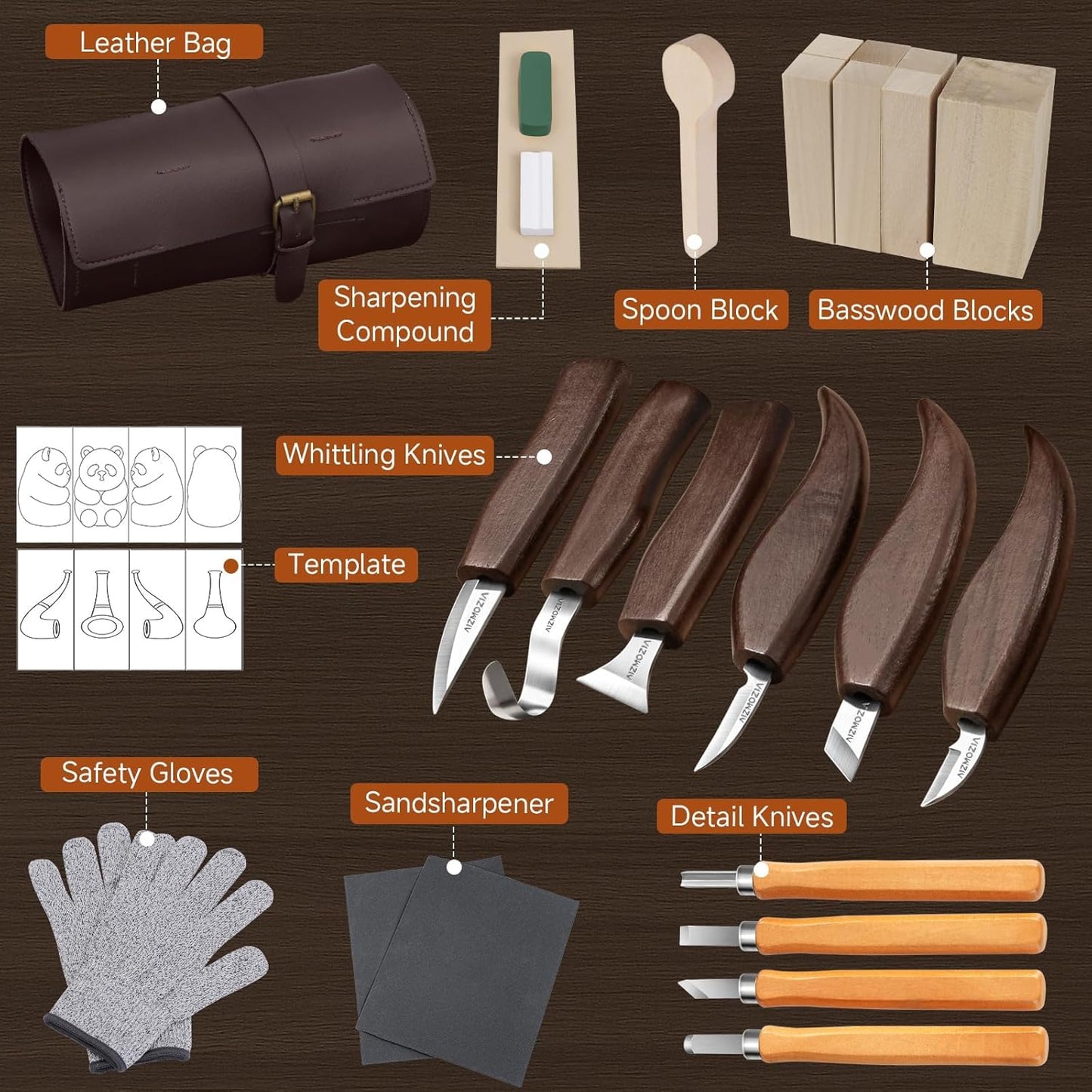 Wood Carving Kit, 17Pcs Wood Carving Tools, Professional Whittling Knife Set, Wooden Hand Knives with Sheath & Deluxe Leather Roll Bag for Beginners Adults & Starter Woodworking