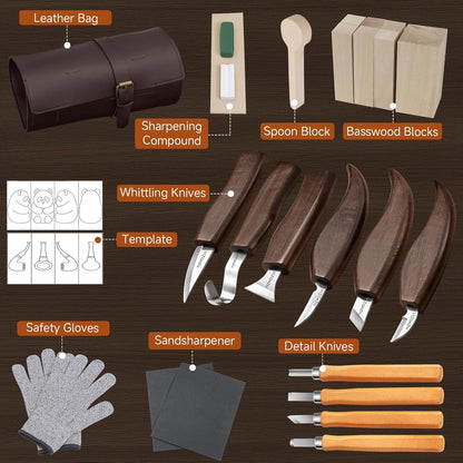 Wood Carving Kit, 17Pcs Wood Carving Tools, Professional Whittling Knife Set, Wooden Hand Knives with Sheath & Deluxe Leather Roll Bag for Beginners Adults & Starter Woodworking