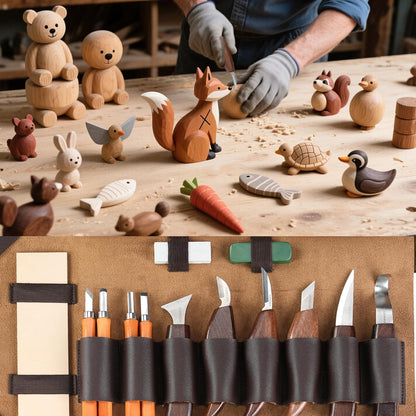 Wood Carving Kit, 17Pcs Wood Carving Tools, Professional Whittling Knife Set, Wooden Hand Knives with Sheath & Deluxe Leather Roll Bag for Beginners Adults & Starter Woodworking