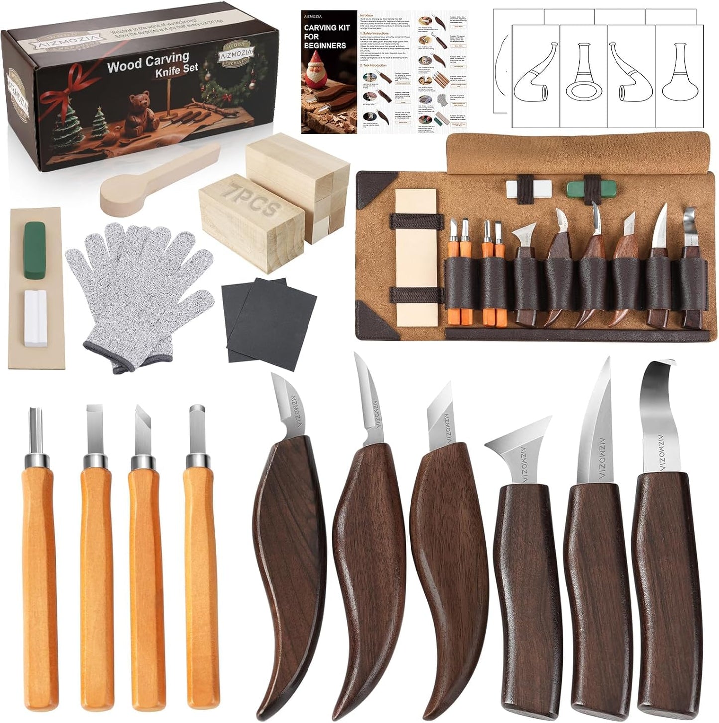 Wood Carving Kit, 17Pcs Wood Carving Tools, Professional Whittling Knife Set, Wooden Hand Knives with Sheath & Deluxe Leather Roll Bag for Beginners Adults & Starter Woodworking