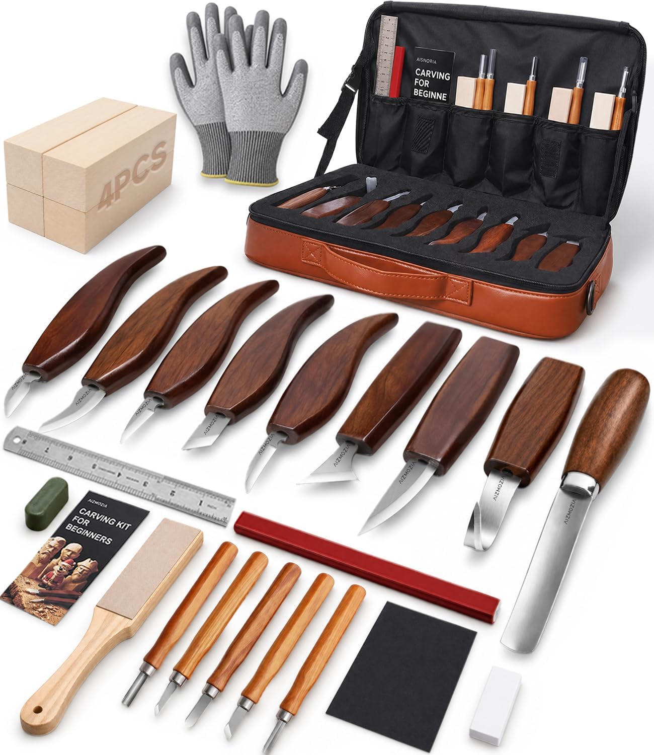 Wood Carving Kit, 17Pcs Wood Carving Tools, Professional Whittling Knife Set, Wooden Hand Knives with Sheath & Deluxe Leather Roll Bag for Beginners Adults & Starter Woodworking