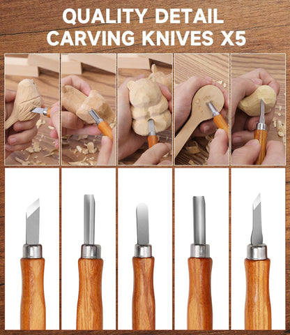 Wood Carving Kit, 17Pcs Wood Carving Tools, Professional Whittling Knife Set, Wooden Hand Knives with Sheath & Deluxe Leather Roll Bag for Beginners Adults & Starter Woodworking