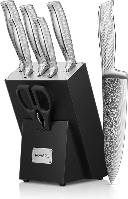 Knife Set, FOHERE 7 Pieces Kitchen Knife Set with Built-in 5 x Sharpeners, Waved Texture Knife Set with Block, Stainless Steel Knife Block Set, Sharp Knives Set with Ergonomic Handle