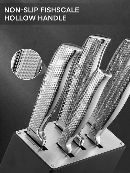 Knife Set, FOHERE 7 Pieces Kitchen Knife Set with Built-in 5 x Sharpeners, Waved Texture Knife Set with Block, Stainless Steel Knife Block Set, Sharp Knives Set with Ergonomic Handle