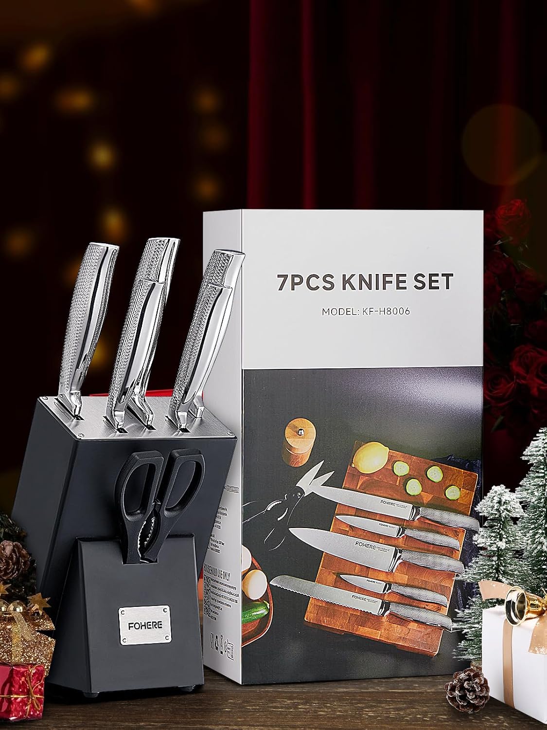 Knife Set, FOHERE 7 Pieces Kitchen Knife Set with Built-in 5 x Sharpeners, Waved Texture Knife Set with Block, Stainless Steel Knife Block Set, Sharp Knives Set with Ergonomic Handle
