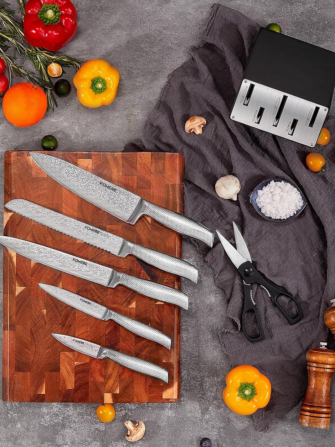 Knife Set, FOHERE 7 Pieces Kitchen Knife Set with Built-in 5 x Sharpeners, Waved Texture Knife Set with Block, Stainless Steel Knife Block Set, Sharp Knives Set with Ergonomic Handle