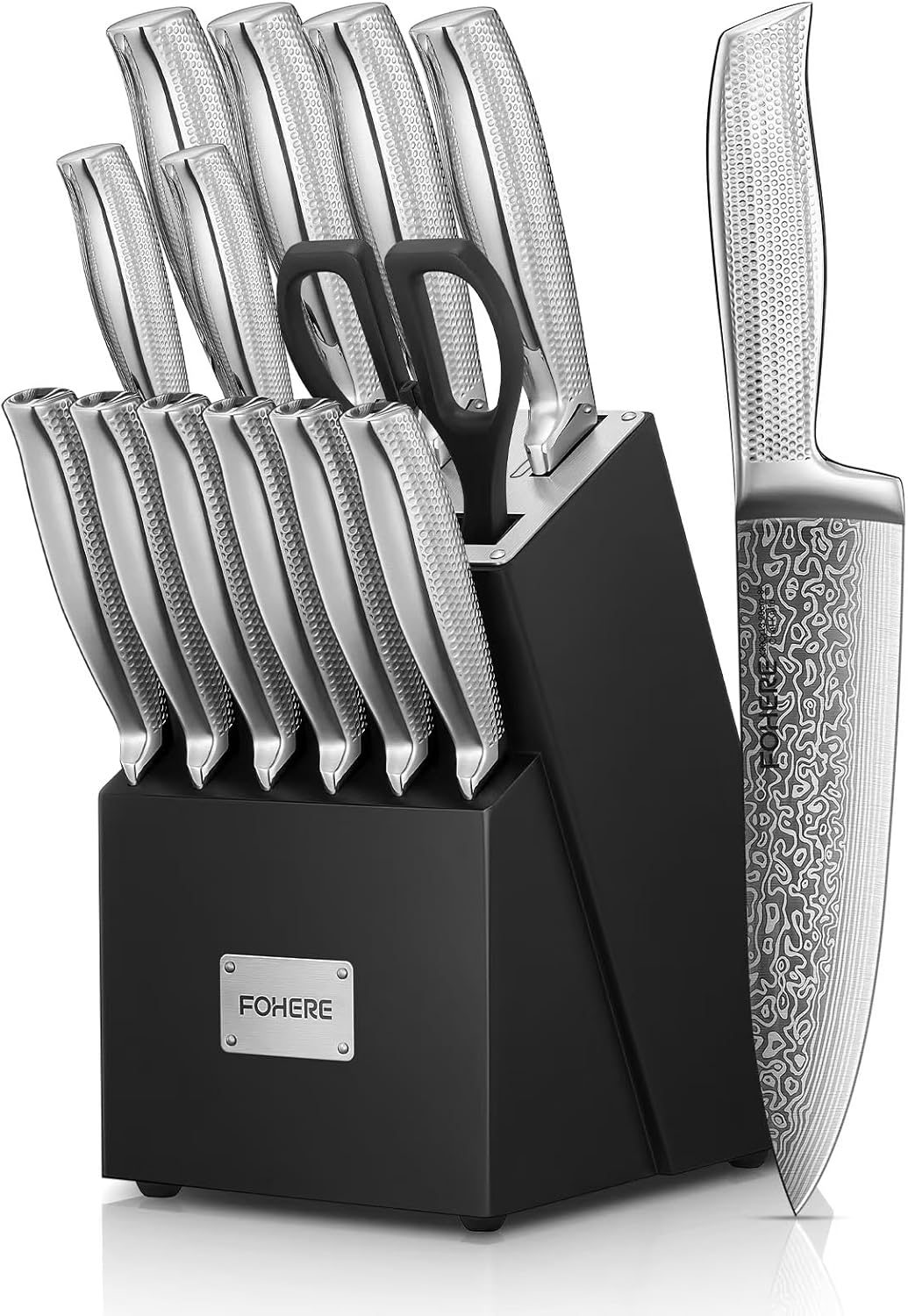 Knife Set, FOHERE 7 Pieces Kitchen Knife Set with Built-in 5 x Sharpeners, Waved Texture Knife Set with Block, Stainless Steel Knife Block Set, Sharp Knives Set with Ergonomic Handle