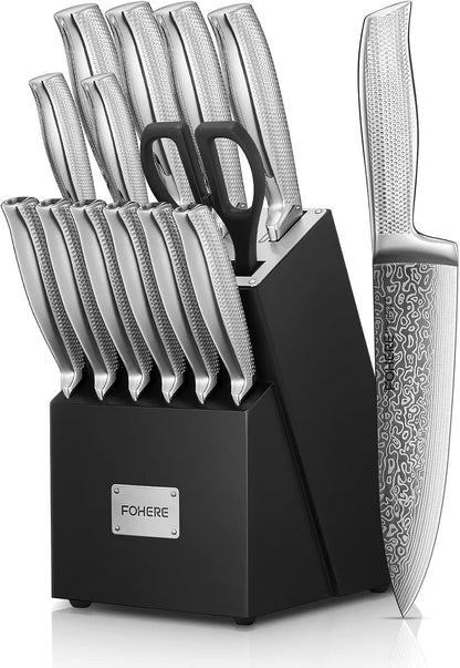Knife Set, FOHERE 7 Pieces Kitchen Knife Set with Built-in 5 x Sharpeners, Waved Texture Knife Set with Block, Stainless Steel Knife Block Set, Sharp Knives Set with Ergonomic Handle