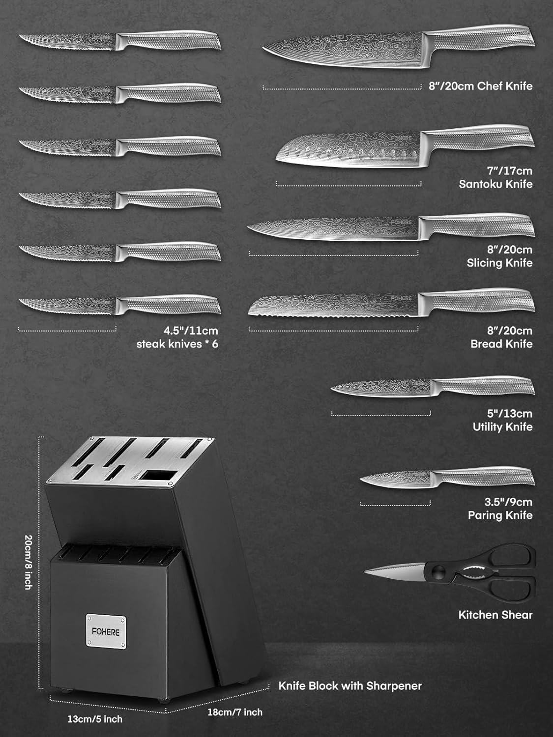 Knife Set, FOHERE 7 Pieces Kitchen Knife Set with Built-in 5 x Sharpeners, Waved Texture Knife Set with Block, Stainless Steel Knife Block Set, Sharp Knives Set with Ergonomic Handle