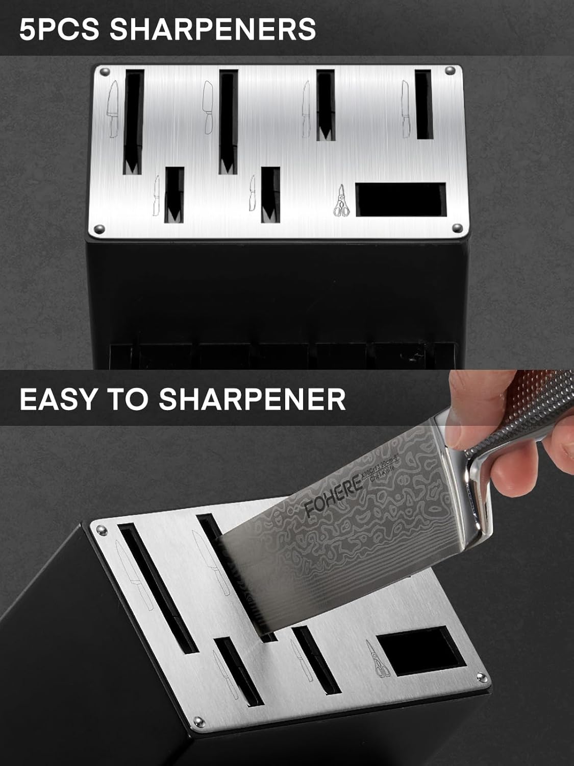 Knife Set, FOHERE 7 Pieces Kitchen Knife Set with Built-in 5 x Sharpeners, Waved Texture Knife Set with Block, Stainless Steel Knife Block Set, Sharp Knives Set with Ergonomic Handle