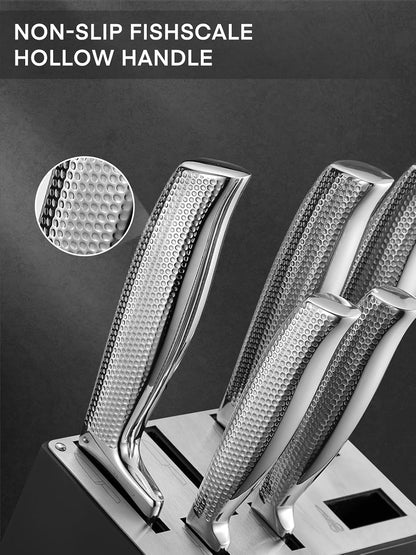Knife Set, FOHERE 7 Pieces Kitchen Knife Set with Built-in 5 x Sharpeners, Waved Texture Knife Set with Block, Stainless Steel Knife Block Set, Sharp Knives Set with Ergonomic Handle