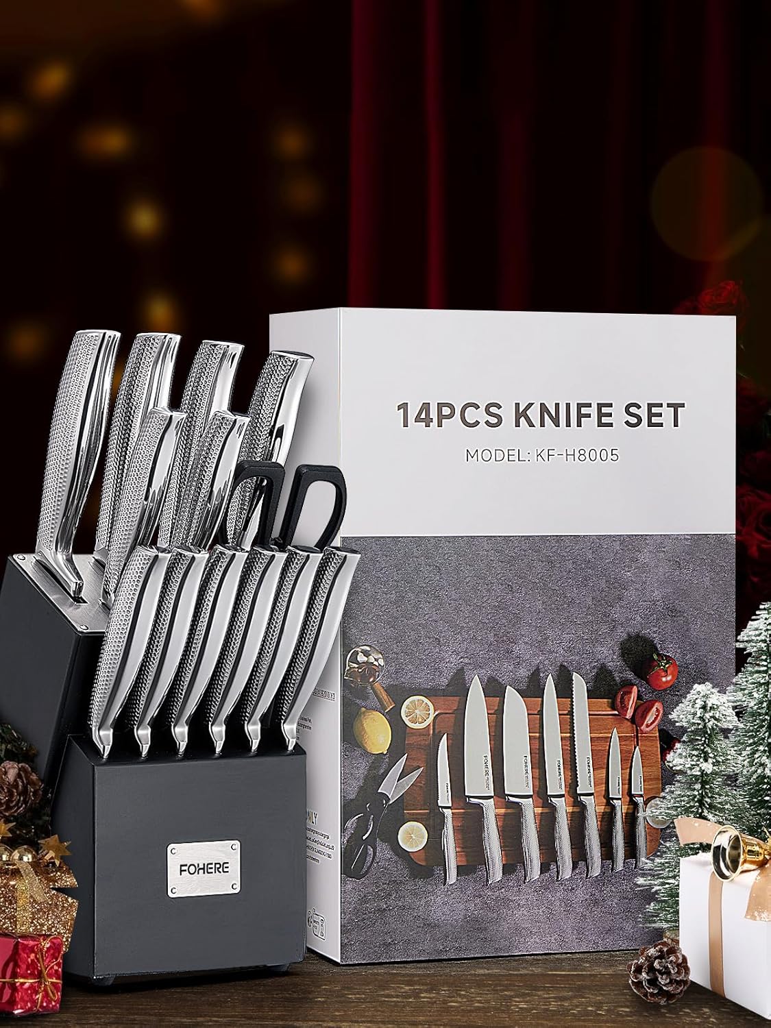 Knife Set, FOHERE 7 Pieces Kitchen Knife Set with Built-in 5 x Sharpeners, Waved Texture Knife Set with Block, Stainless Steel Knife Block Set, Sharp Knives Set with Ergonomic Handle