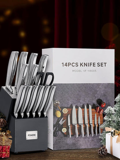 Knife Set, FOHERE 7 Pieces Kitchen Knife Set with Built-in 5 x Sharpeners, Waved Texture Knife Set with Block, Stainless Steel Knife Block Set, Sharp Knives Set with Ergonomic Handle
