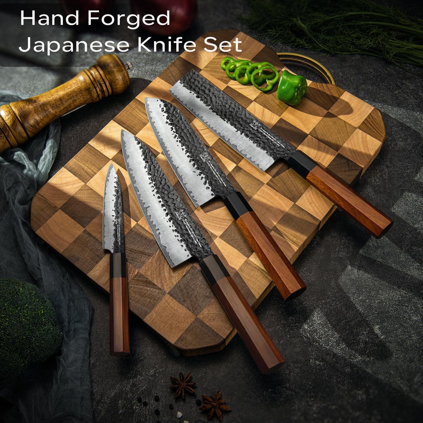 Japanese Knife Block Set, Hand Forged 5-Layer 9CR18MOV Clad Steel Ultra Sharp Kitchen Knives with Wooden Storage & Rosewood Handle, Includes Chef, Santoku, Nakiri, Fruit Knife for Home Mom/Dad
