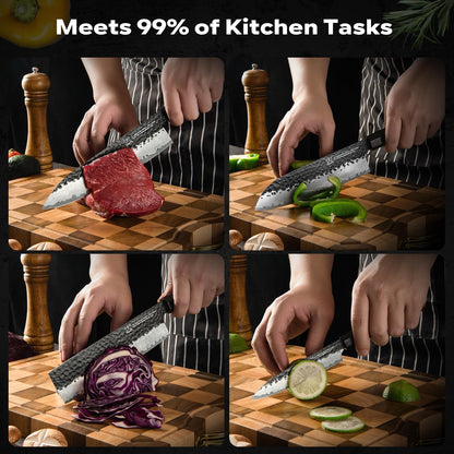 Japanese Knife Block Set, Hand Forged 5-Layer 9CR18MOV Clad Steel Ultra Sharp Kitchen Knives with Wooden Storage & Rosewood Handle, Includes Chef, Santoku, Nakiri, Fruit Knife for Home Mom/Dad