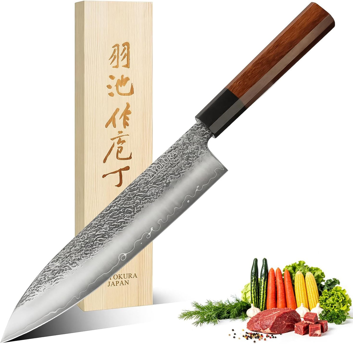 8" Professional Japanese Chef Knife, Authentic VG-10 Steel, 62 HRC, Ultra Sharp Corrosion Resistant Full Tang Blade, Octagonal Rosewood Handle, Handcrafted Knife with Premium Wooden Gift Box