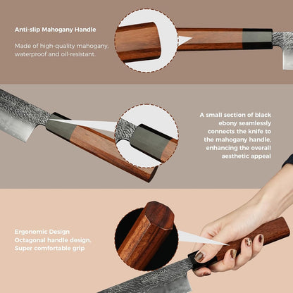 8" Professional Japanese Chef Knife, Authentic VG-10 Steel, 62 HRC, Ultra Sharp Corrosion Resistant Full Tang Blade, Octagonal Rosewood Handle, Handcrafted Knife with Premium Wooden Gift Box