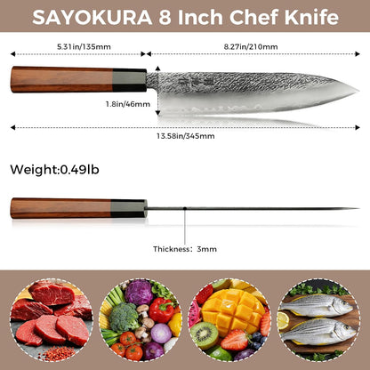 8" Professional Japanese Chef Knife, Authentic VG-10 Steel, 62 HRC, Ultra Sharp Corrosion Resistant Full Tang Blade, Octagonal Rosewood Handle, Handcrafted Knife with Premium Wooden Gift Box