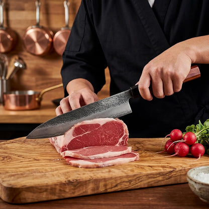 8" Professional Japanese Chef Knife, Authentic VG-10 Steel, 62 HRC, Ultra Sharp Corrosion Resistant Full Tang Blade, Octagonal Rosewood Handle, Handcrafted Knife with Premium Wooden Gift Box