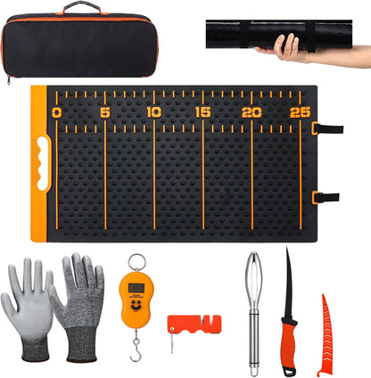 7 Pcs Fish Fillet Knife Set Fishing Cleaning Kit with 7" Stainless Steel Fillet Knife Non-slip Silicone Fish Mat Digital Scale Sharpener Scaler Cut Resistant Gloves Carrying Bag(Orange)