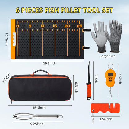 7 Pcs Fish Fillet Knife Set Fishing Cleaning Kit with 7" Stainless Steel Fillet Knife Non-slip Silicone Fish Mat Digital Scale Sharpener Scaler Cut Resistant Gloves Carrying Bag(Orange)