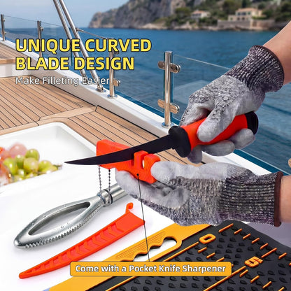 7 Pcs Fish Fillet Knife Set Fishing Cleaning Kit with 7" Stainless Steel Fillet Knife Non-slip Silicone Fish Mat Digital Scale Sharpener Scaler Cut Resistant Gloves Carrying Bag(Orange)
