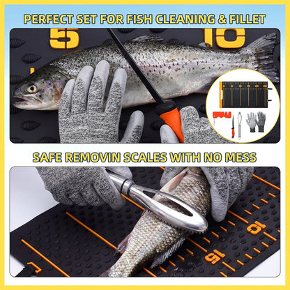 7 Pcs Fish Fillet Knife Set Fishing Cleaning Kit with 7" Stainless Steel Fillet Knife Non-slip Silicone Fish Mat Digital Scale Sharpener Scaler Cut Resistant Gloves Carrying Bag(Orange)