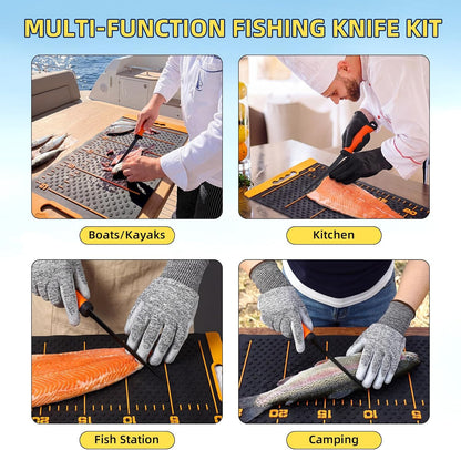 7 Pcs Fish Fillet Knife Set Fishing Cleaning Kit with 7" Stainless Steel Fillet Knife Non-slip Silicone Fish Mat Digital Scale Sharpener Scaler Cut Resistant Gloves Carrying Bag(Orange)