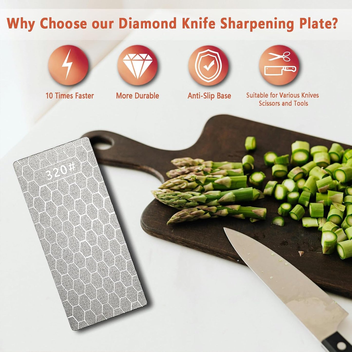 Diamond Sharpening Stone Flattening Stone Coarse or Fine Grit (320/1000/600/1200) with Non-Slip Base for Knives, Scissors & Tools (320 Grit - B)