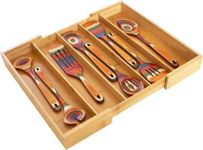 Expandable 5-Compartment Drawer Organizer, Expands from 13 to 22" Wide | 5 spacious compartments organize cooking utensils, serving pieces, silverware and large kitchen tools for easy access.
