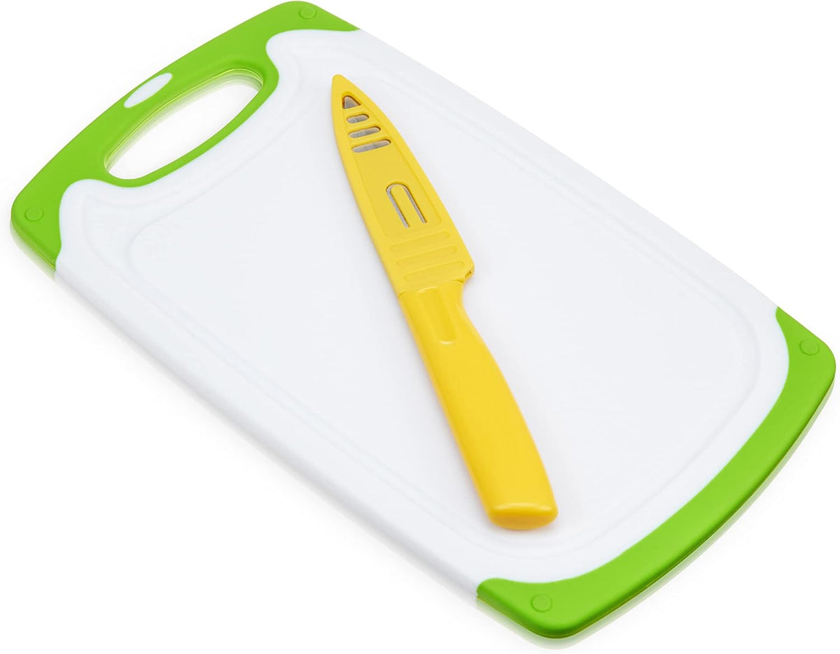 Small Cutting Board with Stainless Steel Blade Pairing Knife, Non Slip Silicone Grip Plastic Chopping Boards and Knives for Prepping Fruits, Vegetables, Cocktail Ganishes. 2-Piece Set