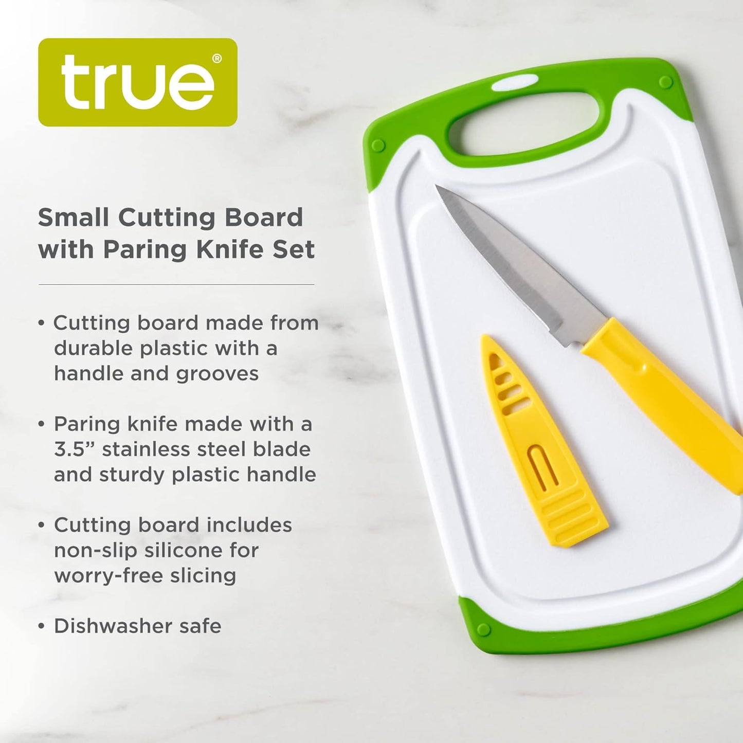 Small Cutting Board with Stainless Steel Blade Pairing Knife, Non Slip Silicone Grip Plastic Chopping Boards and Knives for Prepping Fruits, Vegetables, Cocktail Ganishes. 2-Piece Set