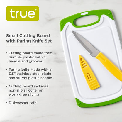 Small Cutting Board with Stainless Steel Blade Pairing Knife, Non Slip Silicone Grip Plastic Chopping Boards and Knives for Prepping Fruits, Vegetables, Cocktail Ganishes. 2-Piece Set