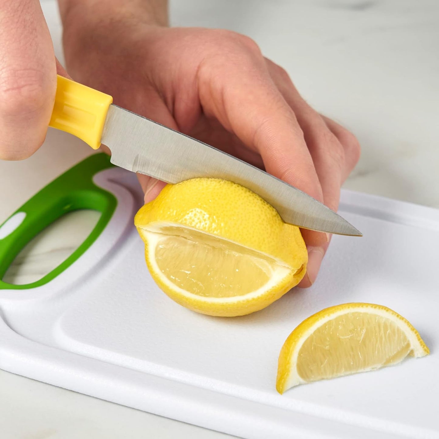 Small Cutting Board with Stainless Steel Blade Pairing Knife, Non Slip Silicone Grip Plastic Chopping Boards and Knives for Prepping Fruits, Vegetables, Cocktail Ganishes. 2-Piece Set