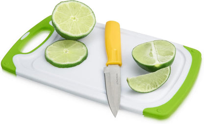 Small Cutting Board with Stainless Steel Blade Pairing Knife, Non Slip Silicone Grip Plastic Chopping Boards and Knives for Prepping Fruits, Vegetables, Cocktail Ganishes. 2-Piece Set
