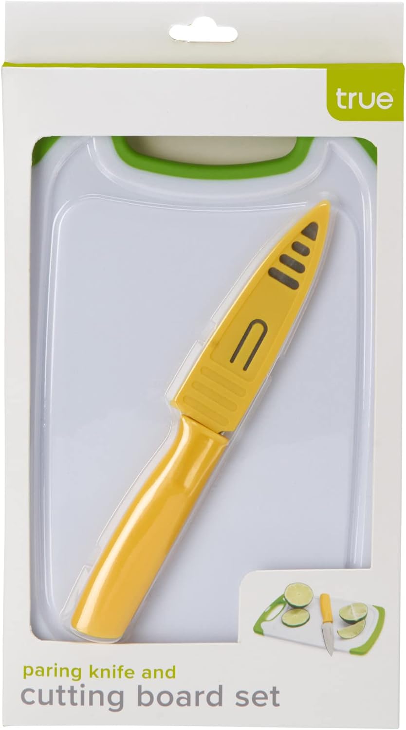 Small Cutting Board with Stainless Steel Blade Pairing Knife, Non Slip Silicone Grip Plastic Chopping Boards and Knives for Prepping Fruits, Vegetables, Cocktail Ganishes. 2-Piece Set