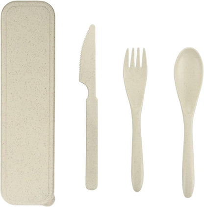 Wheat Straw Travel Cutlery Set with Case, Portable Reusable Flatware | BPA-free eco reusable tableware, dishwasher safe portable flatware for camping hiking picnic daily travel use