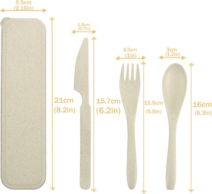 Wheat Straw Travel Cutlery Set with Case, Portable Reusable Flatware | BPA-free eco reusable tableware, dishwasher safe portable flatware for camping hiking picnic daily travel use