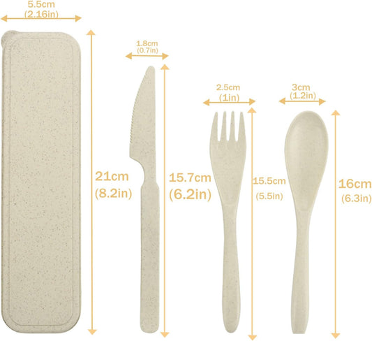 Wheat Straw Travel Cutlery Set with Case, Portable Reusable Flatware | BPA-free eco reusable tableware, dishwasher safe portable flatware for camping hiking picnic daily travel use