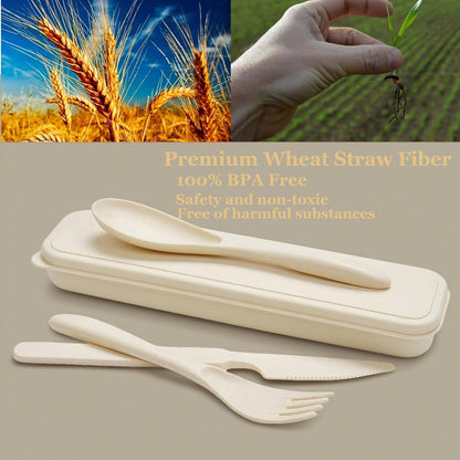 Wheat Straw Travel Cutlery Set with Case, Portable Reusable Flatware | BPA-free eco reusable tableware, dishwasher safe portable flatware for camping hiking picnic daily travel use