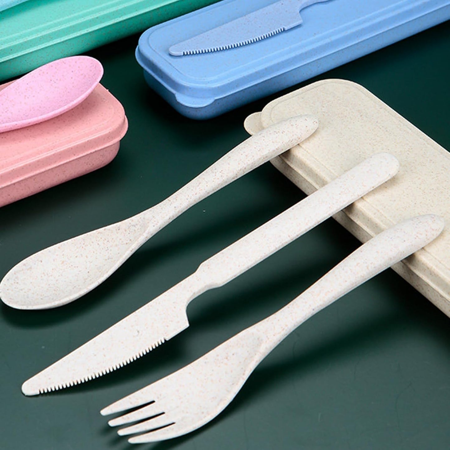 Wheat Straw Travel Cutlery Set with Case, Portable Reusable Flatware | BPA-free eco reusable tableware, dishwasher safe portable flatware for camping hiking picnic daily travel use