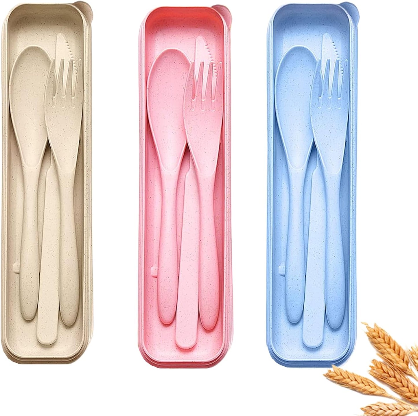 Wheat Straw Travel Cutlery Set with Case, Portable Reusable Flatware | BPA-free eco reusable tableware, dishwasher safe portable flatware for camping hiking picnic daily travel use