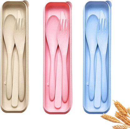 Wheat Straw Travel Cutlery Set with Case, Portable Reusable Flatware | BPA-free eco reusable tableware, dishwasher safe portable flatware for camping hiking picnic daily travel use