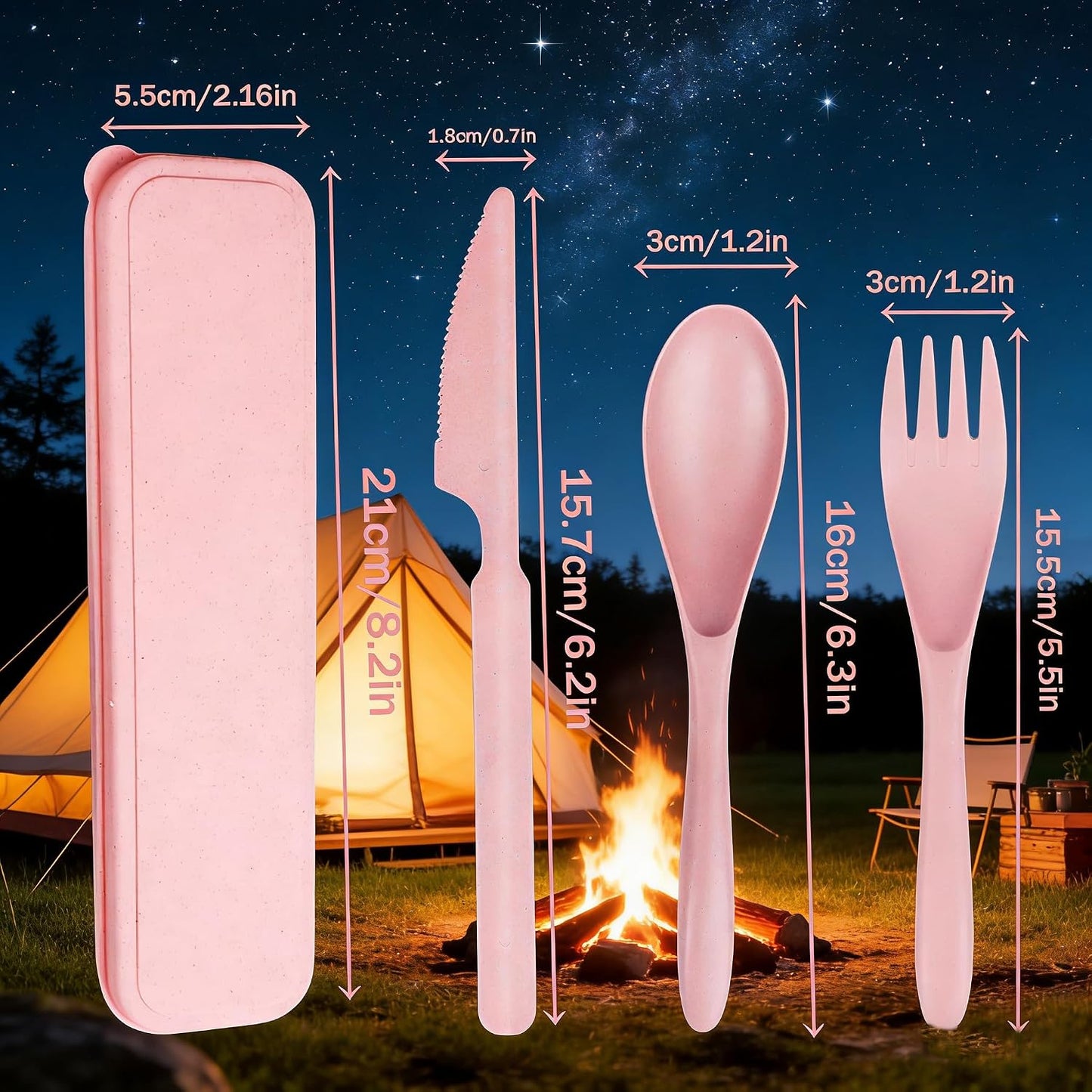 Wheat Straw Travel Cutlery Set with Case, Portable Reusable Flatware | BPA-free eco reusable tableware, dishwasher safe portable flatware for camping hiking picnic daily travel use