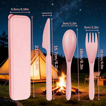 Wheat Straw Travel Cutlery Set with Case, Portable Reusable Flatware | BPA-free eco reusable tableware, dishwasher safe portable flatware for camping hiking picnic daily travel use