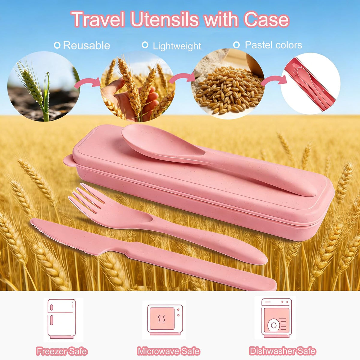 Wheat Straw Travel Cutlery Set with Case, Portable Reusable Flatware | BPA-free eco reusable tableware, dishwasher safe portable flatware for camping hiking picnic daily travel use