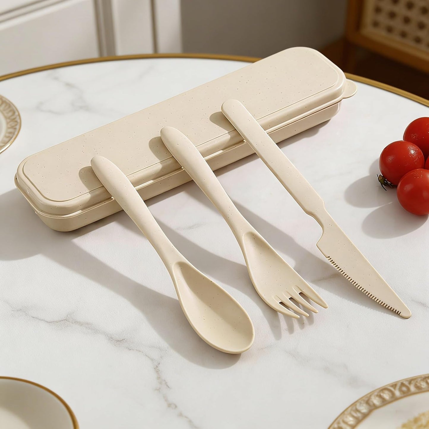 Wheat Straw Travel Cutlery Set with Case, Portable Reusable Flatware | BPA-free eco reusable tableware, dishwasher safe portable flatware for camping hiking picnic daily travel use